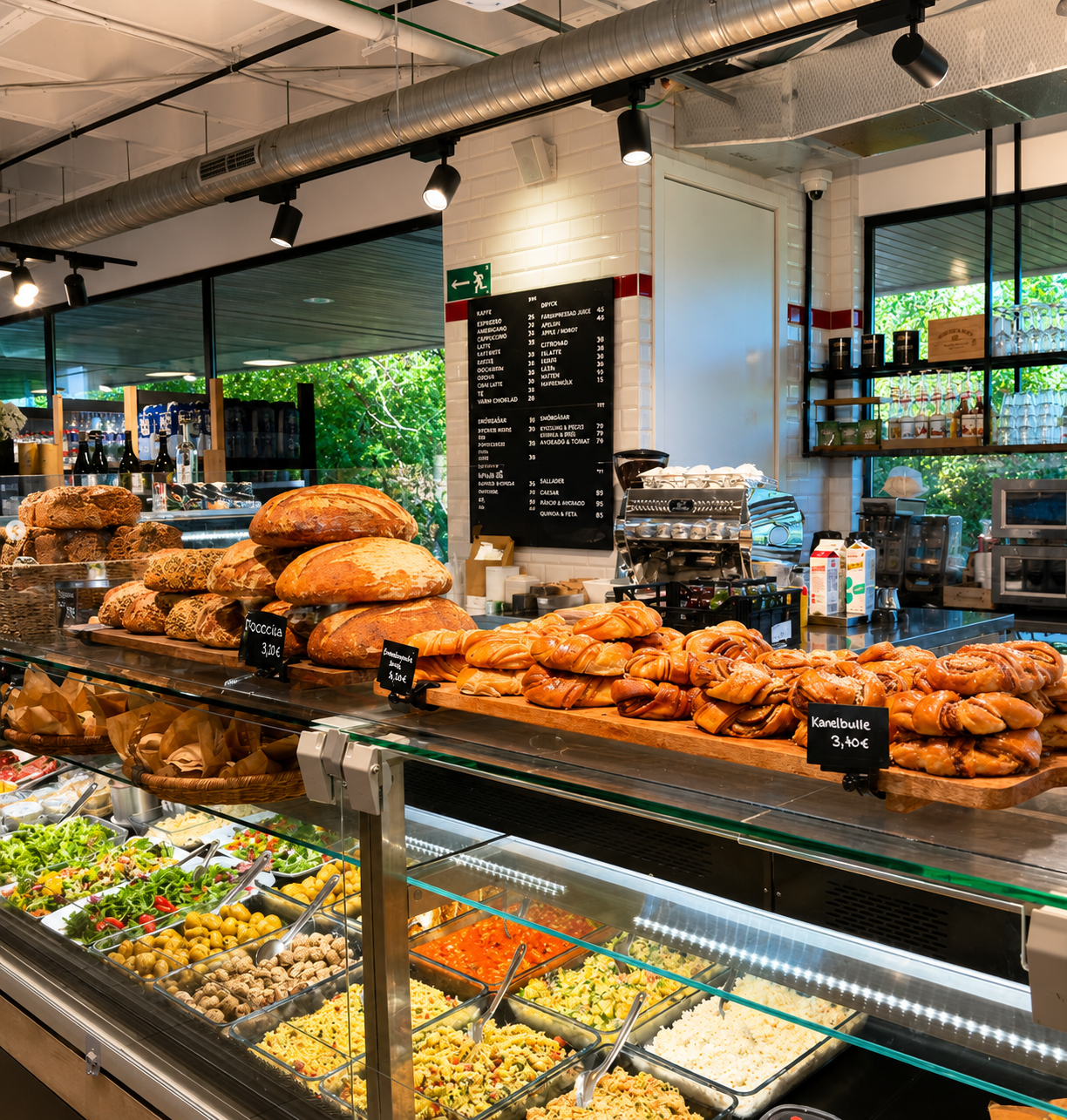 Spisa bakery and café counter with bread and cinnamon buns