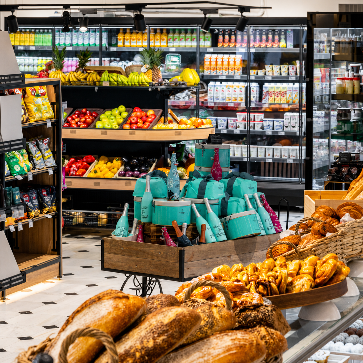 Inside Spisa Foodmarket — produce, drinks and bakery display