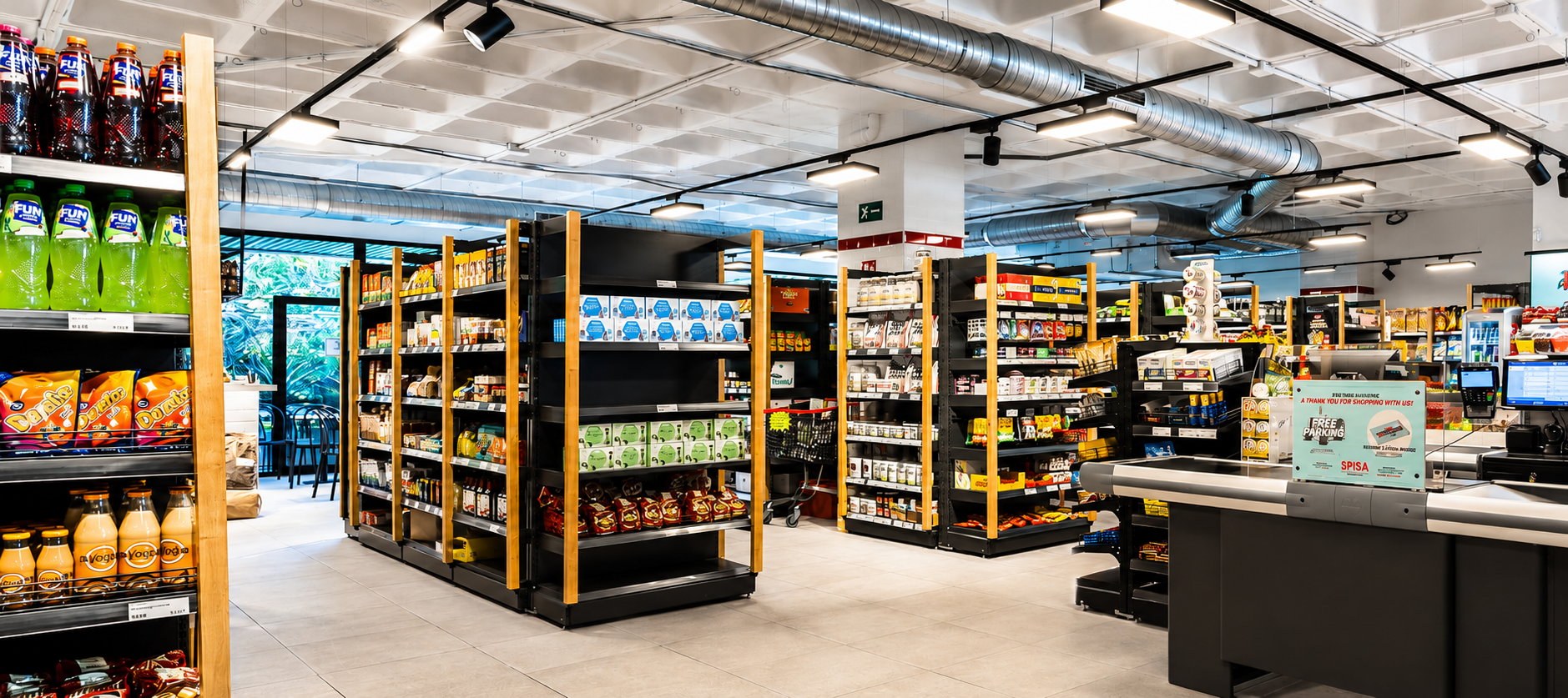 Spisa Foodmarket interior — Scandinavian grocery aisles and checkout in Marbella