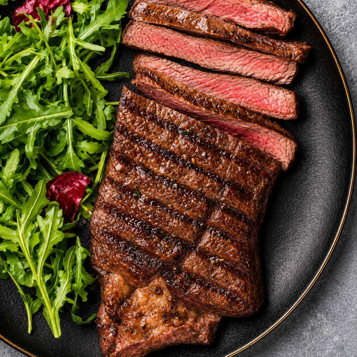 Grilled steak sliced on a plate with arugula