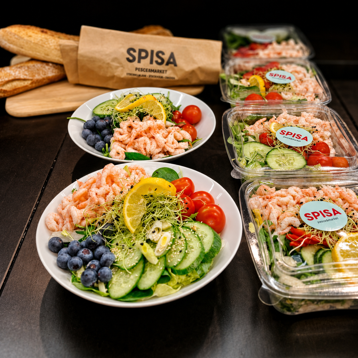 SPISA Pescamarket shrimp salad bowls and packaged takeaway with baguettes