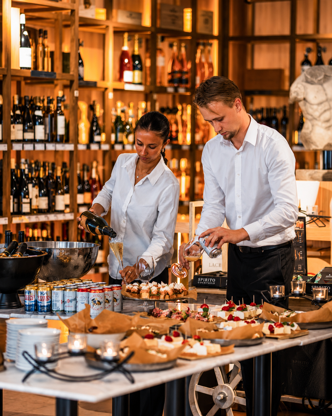 Spisa catering team serving champagne and canapés at a private event